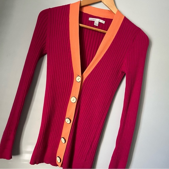Old Navy Pink & Orange Ribbed Metal Button Cardigan Sweater Size Small - Picture 8 of 16